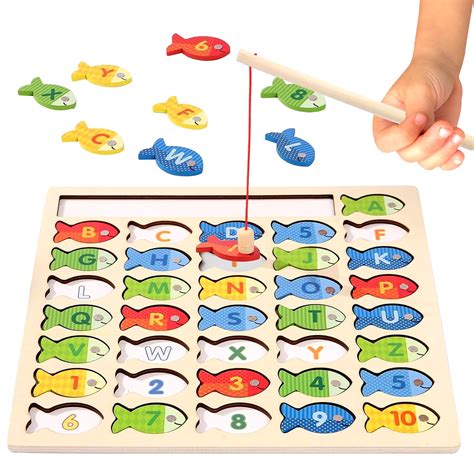 Magnetic Wooden Fishing Game Toy for Toddlers, Alphabet Fish .